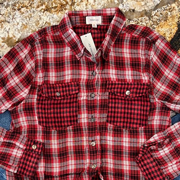 NWT Francesca's Dizzy Gal Red, Black & White Plaid Button Shirt - Picture 4 of 10